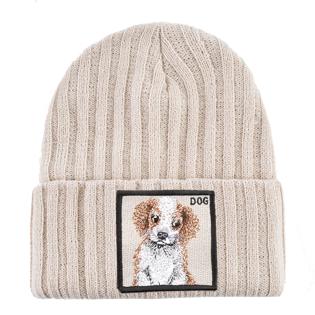 Beanie Hat With Cute Dog Embroidery Patch Women\'s Warm Knitted Skullies Beanies Men Autumn Winter Outdoor Casual Bonnet Gorras