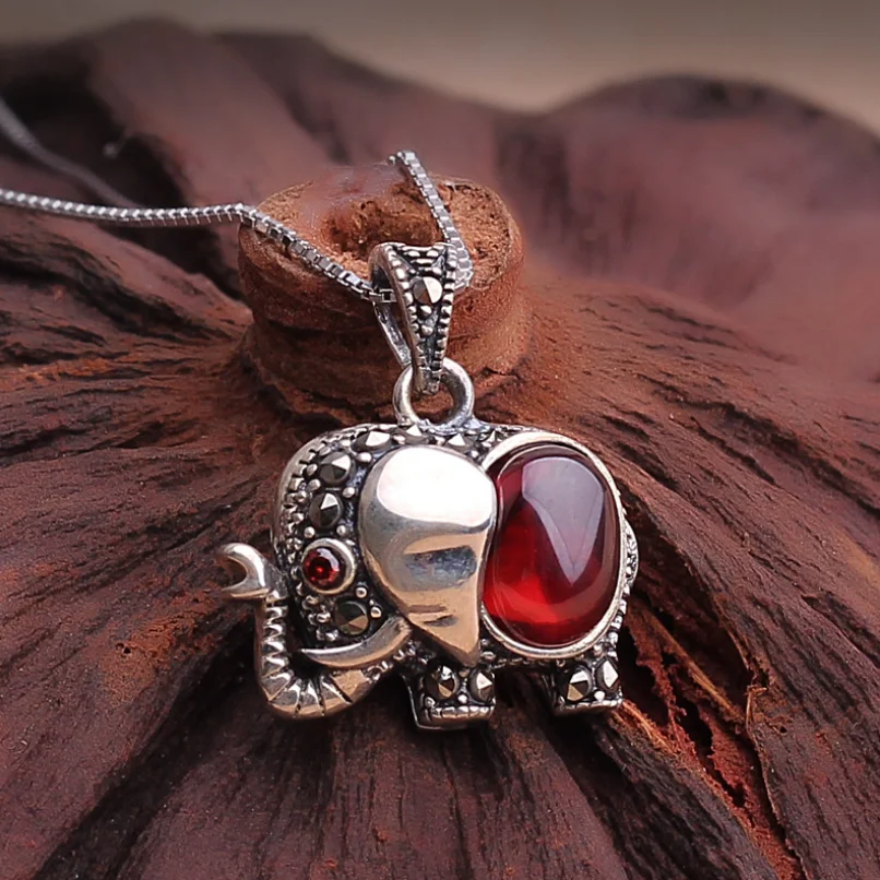 S925 Sterling Silver Elephant Fish Fox Crab Garnet Pendant  With Box Chain Silver Crystal Vintage Necklaces & Pendants Jewelry