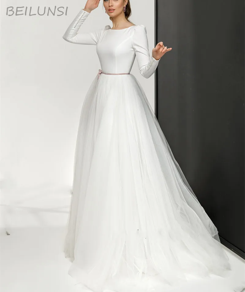 

Vintage Vestidos De Noiva Simple Tulle Wedding Dresses 2022 A-line Scoop Long Sleeve Cheap Backless Bridal Gown For Brides