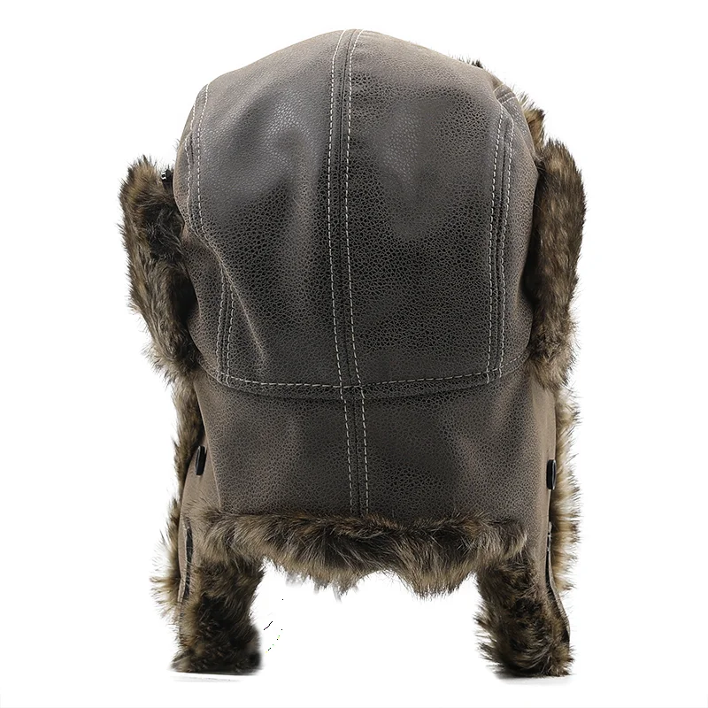 Hot Bomber Hats Winter Men Warm Russian Ushanka Hat with Ear Flap Pu Leather Fur Trapper Cap Earflap