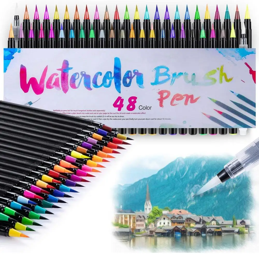 24/48 Colors Watercolor Brush Markers Pens Set with Blending Water Pen, Drawing Paint Calligraphy Art Back To School Gift A6901