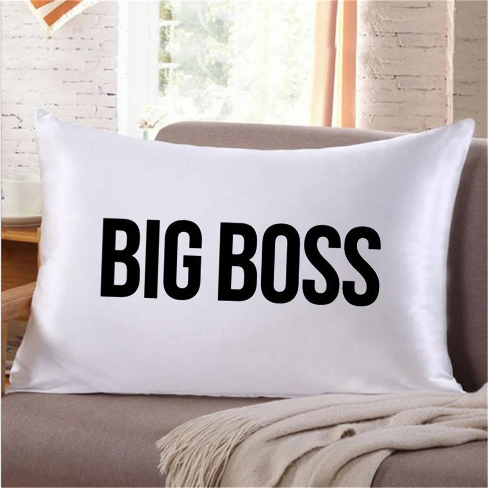 2pcs Solid Color Satin Silk Pillowcase Big Boss Little Boss Letter Printed Soft Pillow Covers Personalized Couple Wedding Gifts