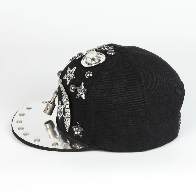 Wholesale European and American Punk Style Rivets Flat Eaves metal brim rebound Hip-Hop Snapback Cap Sports Hats