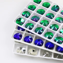 14mm FlatBack Rivoli Round Crystal Glass Sew On Rhinestones Glitter Sewing Rhinestone For Needlework Garment Clothes Dress Shoes