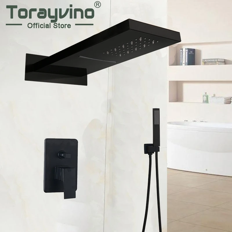 

wall-mounted Bathroom Shower Set Black Matte Rubinetto Doccia Water Saving Led Top Shower With Control Valve Mixer Faucets Set