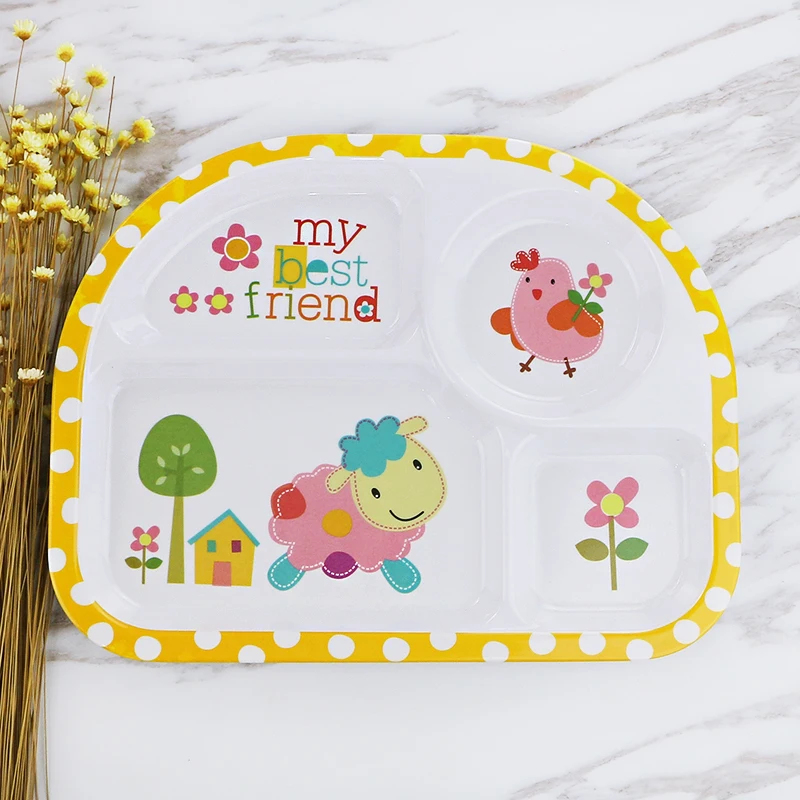 Healthy Bamboo Fiber Children's Tableware Weekend Home Dinnerware Set for Kids Cute Cartoon Divide Grid Plates and Bowls