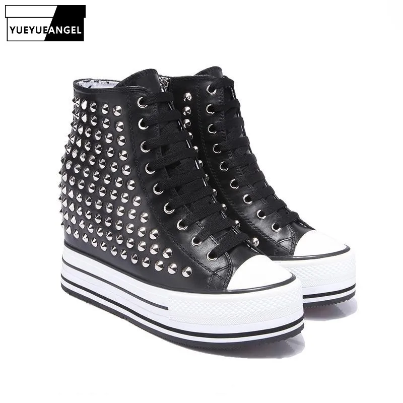 

Increasing Height Women High Top Genuine Leather Platform Shoes Rivets Studded Sneakers Streetwear Hip Hop Shoes New 18 Designer