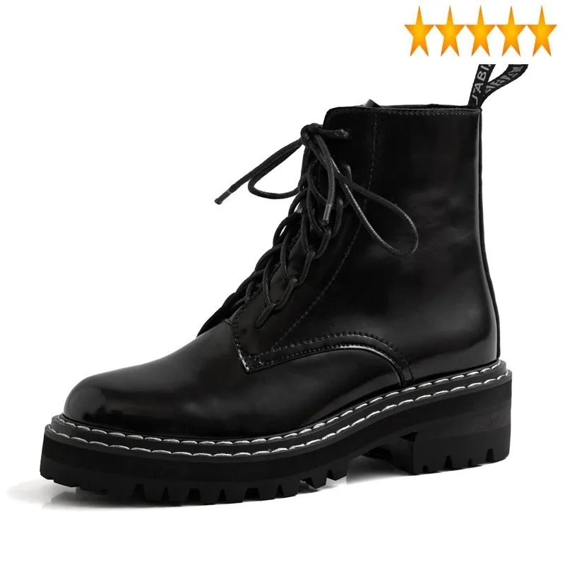 Up British High-Top Ankle Lace Women Luxury 100% Real Leather Vintage Platform Black Motorcycle Boots Zapatos De Mujer