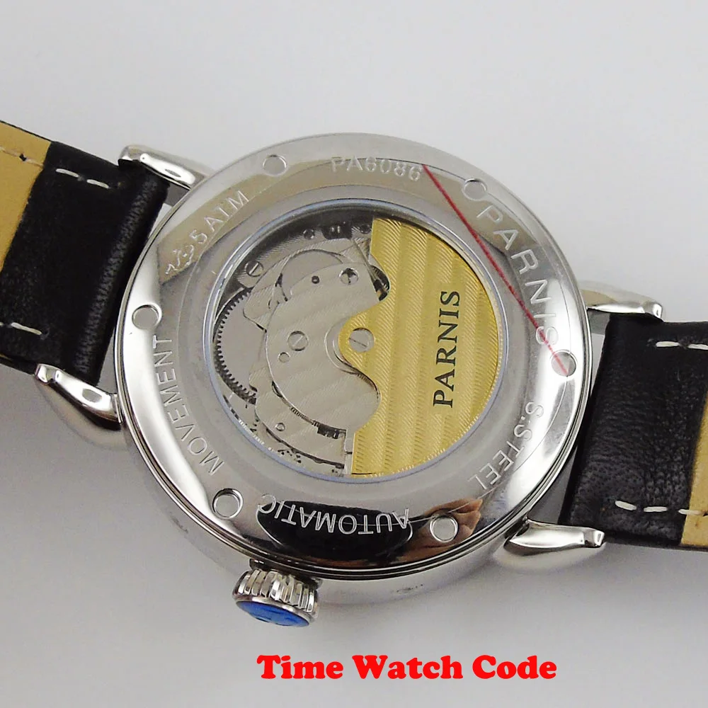 42mm PARNIS White dial black leather strap Date 24 hours ST movement GMT Automatic Men\'s Wristwatch