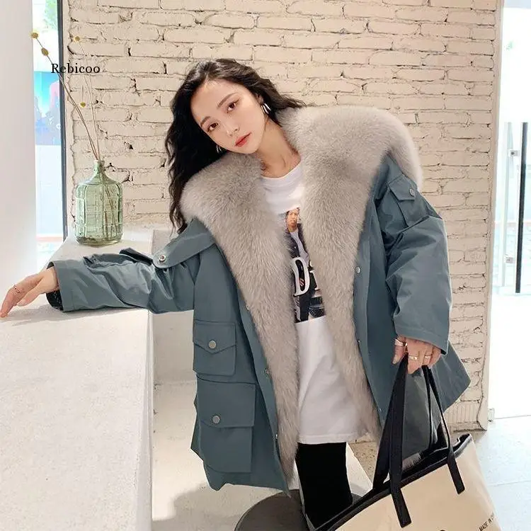 

Women Winter New Warm Faux Rabbit Fur Liner Parka Coats Female Jackets And Coats With Fox Fur Collar Hood Thick Outwear