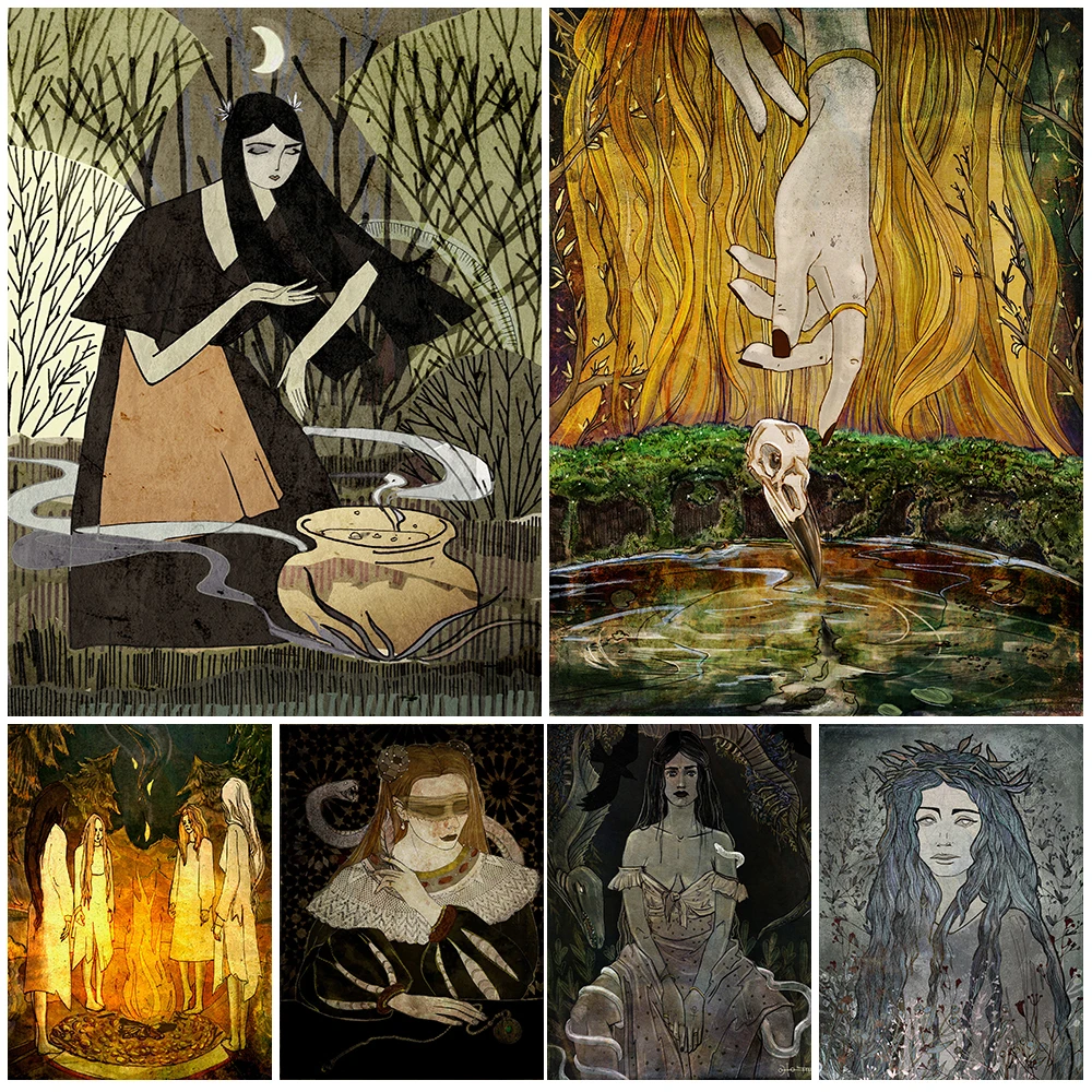 Under The Moon Witch Soup In The Forest Wall Art Decorative Spooky Dark Natural Witchcraft Element Poster And Print Decoration