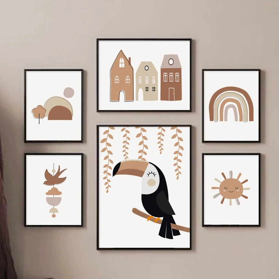 Abstract Cartoon Mountain House Toucan Alphabet Nordic Posters And Prints Wall Art Canvas Painting Pictures Kids Room Home Decor