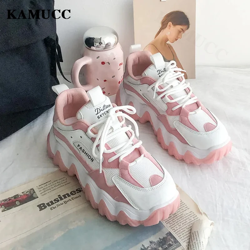 KAMUCC Women Shoes New Chunky Sneakers For Women Lace-Up White Vulcanize Shoes Casual Fashion Dad Shoes Platform Sneakers