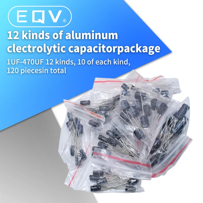 120pcs 12 value kit 1uF-470uF Electrolytic Capacitor Package  1UF 2.2UF 3.3UF 4.7UF 10UF 22UF 33UF 47UF 100UF 220UF