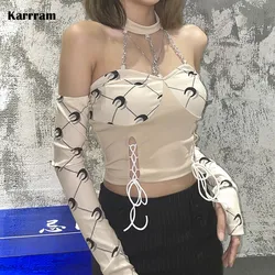 Karrram 2021 Women Top Moon Print Bandage Bustier Crop Tops Chain Halter T Shirt Off Shoulder Long Sleeve Patchwork Slim T-shirt