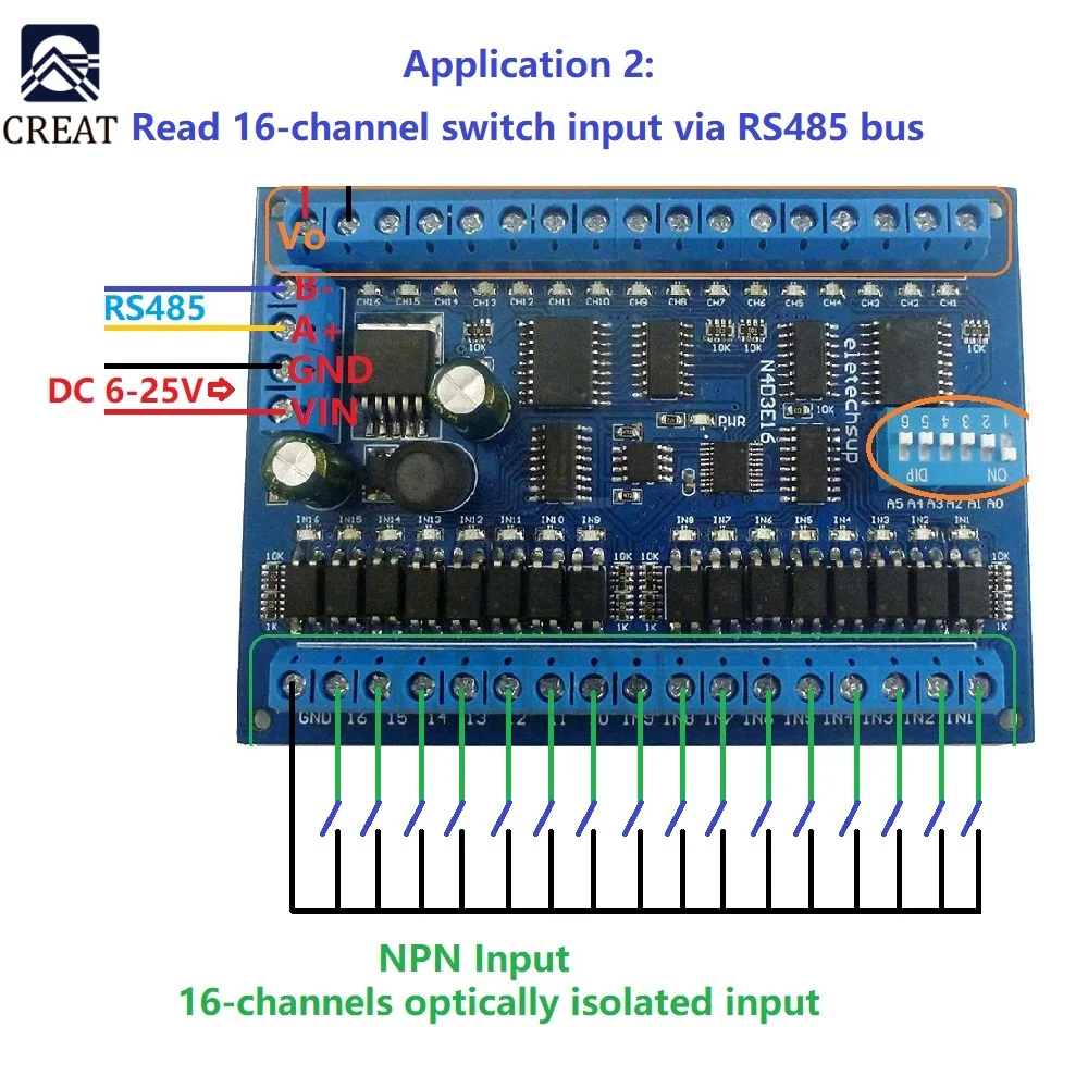 rs485 Remote Control Switch PLC IO expansion Board RS485 Modbus RTU Module Board DC 12V 24V 16 Input 16 Output rs485 modbus