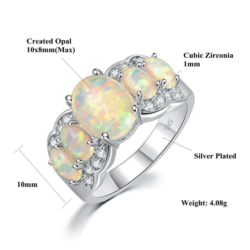 CiNily White Fire Opal Wide Finger Rings Silver Plated Large Oval Stone CZ Crystal Filled Ring Luxury Cocktail Jewelry Female