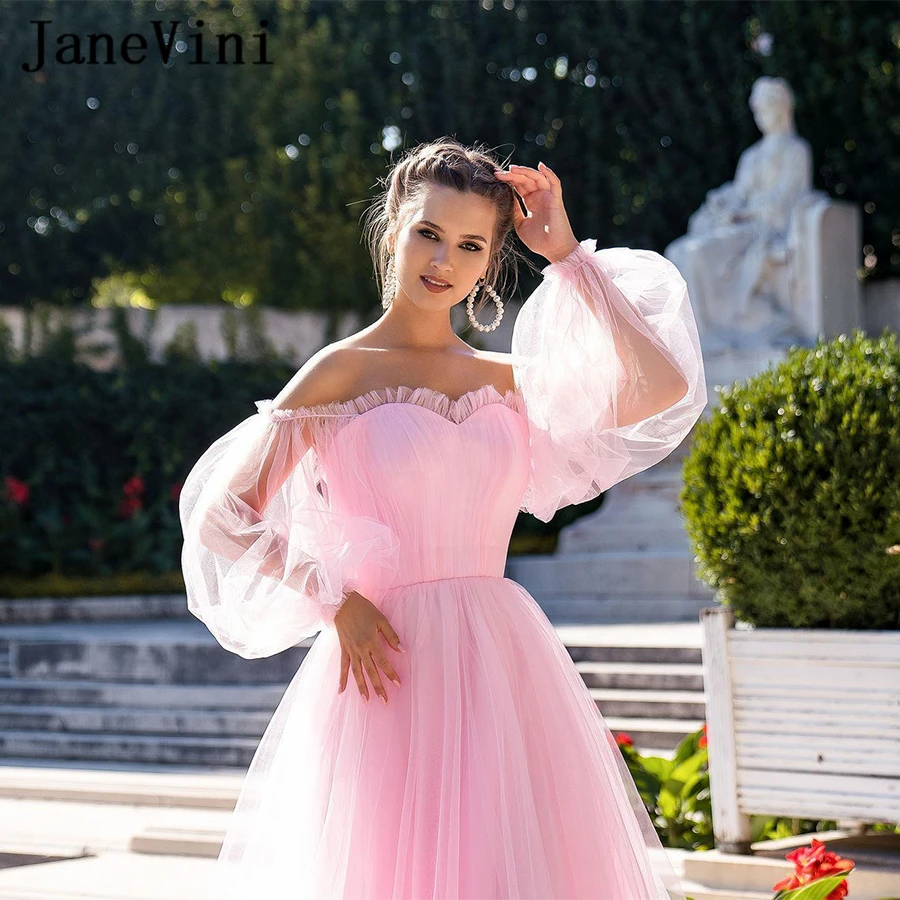 JaneVini 2020 uroczy różowy księżniczka suknie balowe z Puffy długie rękawy Sweetheart Ruched Tulle linia sukienka formalna Plus Size