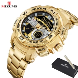 MIZUMS-Relojes de pulsera militares para hombre, reloj deportivo Digital LED, Dorado, de acero inoxidable, doble pantalla, de cuarzo, Masculino