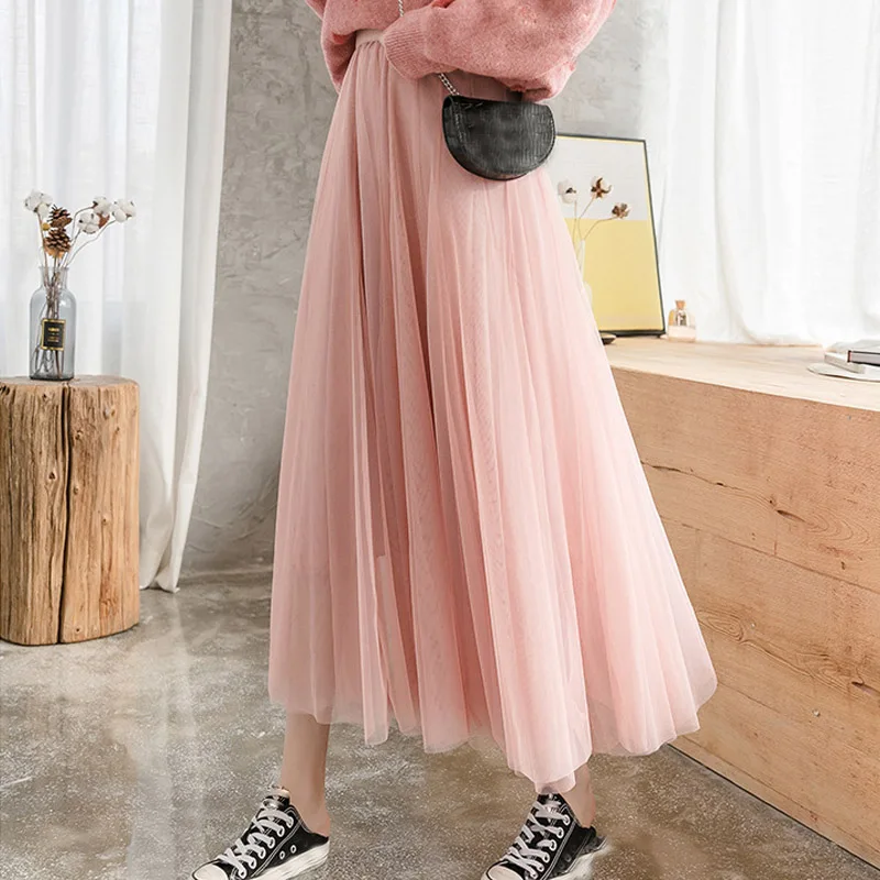 Pink Gray 98cm Long Maxi Ankle Length Tulle Skirt Womens 2022 New Spring Summer High Waist Pleated School Mesh Tutu Skirt Female