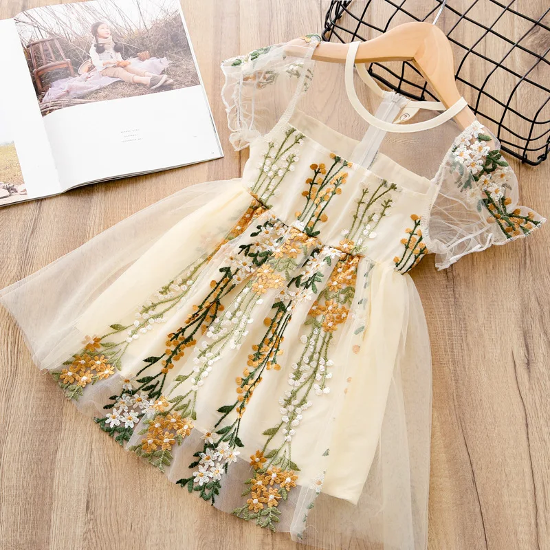 Humor Bear Summer Elegant Girl Princess Dress Embroidered Mesh Birthday Party Toddler Dresses Kid Dresses for 3-7 Years old