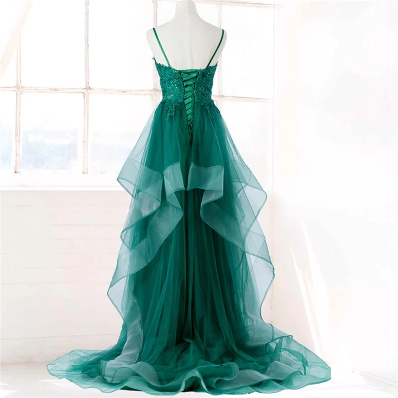 Ruffels Evening Dress Green 2020 A-line Appliques Sequins Tiered Sweep Train V-neck Spaghetti Straps Prom Dress вечерние платья