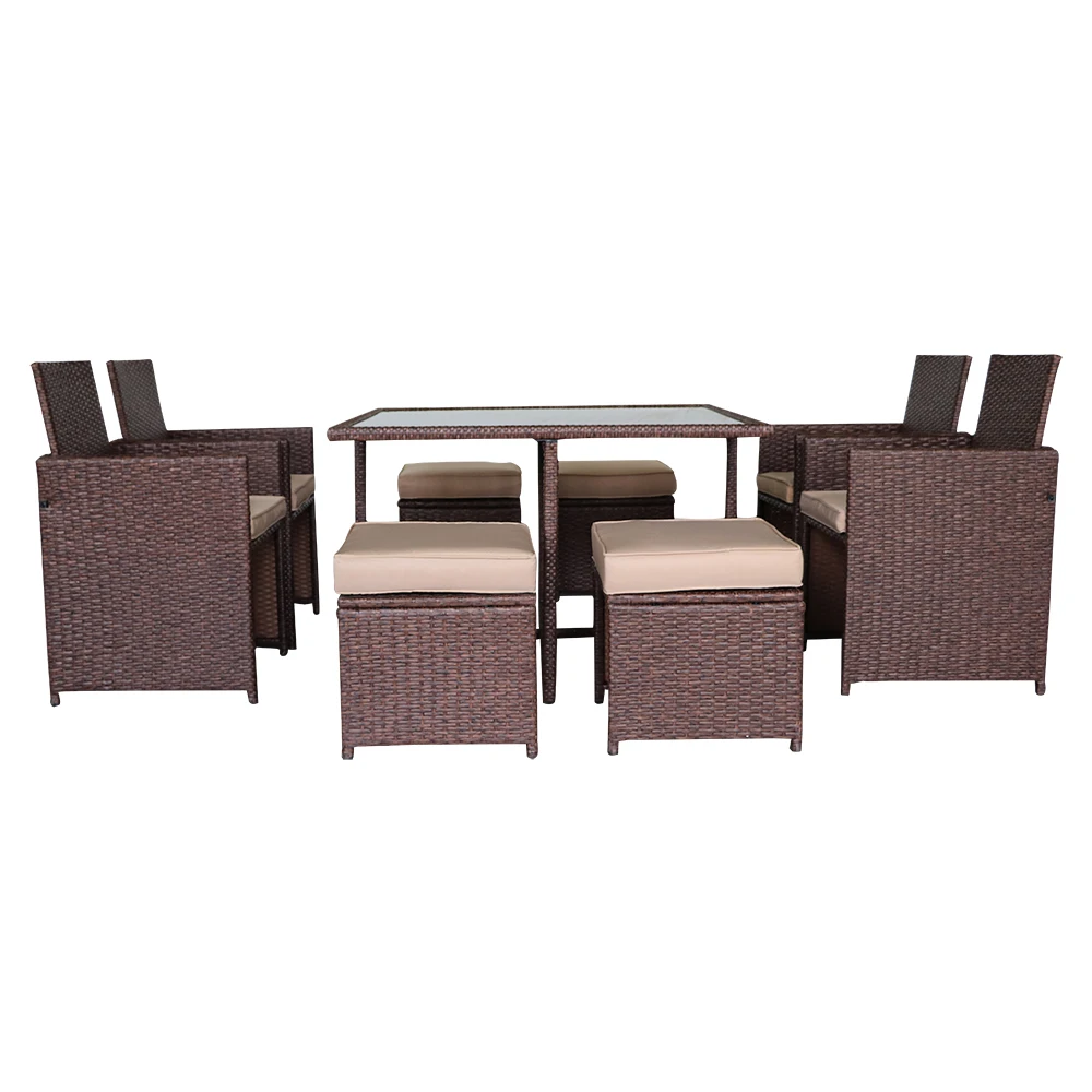 Outdoor Furniture Set 9 Pieces Wood Grain PE Wicker Rattan Dining Ottoman with Tempered Glass Table Patio Furniture Set