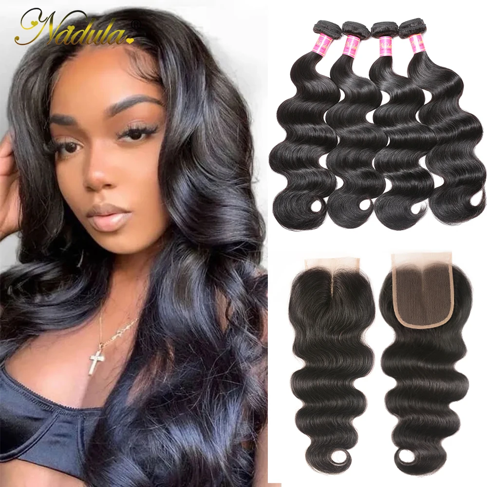 Nadula Hair 3/4 Bundles With Closure Brazilian Body Wave With Closure 4*4 Swiss Lace Closure 100% Remy Human Hair Natural Color