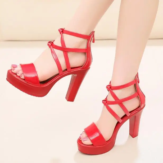 

Sexy open toe Heel Platform Sandals Women Wedding Shoes Red Summer High Heels Gladiator Sandals Patent Leather Sandals Large siz