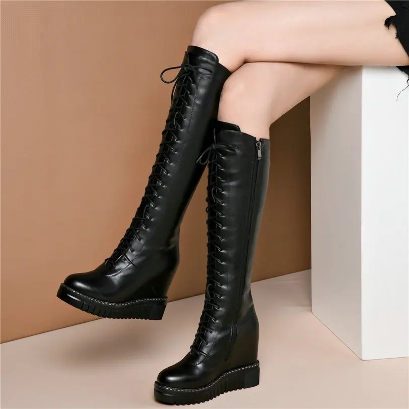 2020 Women Lace Up Genuine Leather Wedges High Heel Knee High Boots Female Winter Warm Warm Thigh High Platform Fashion Sneakers