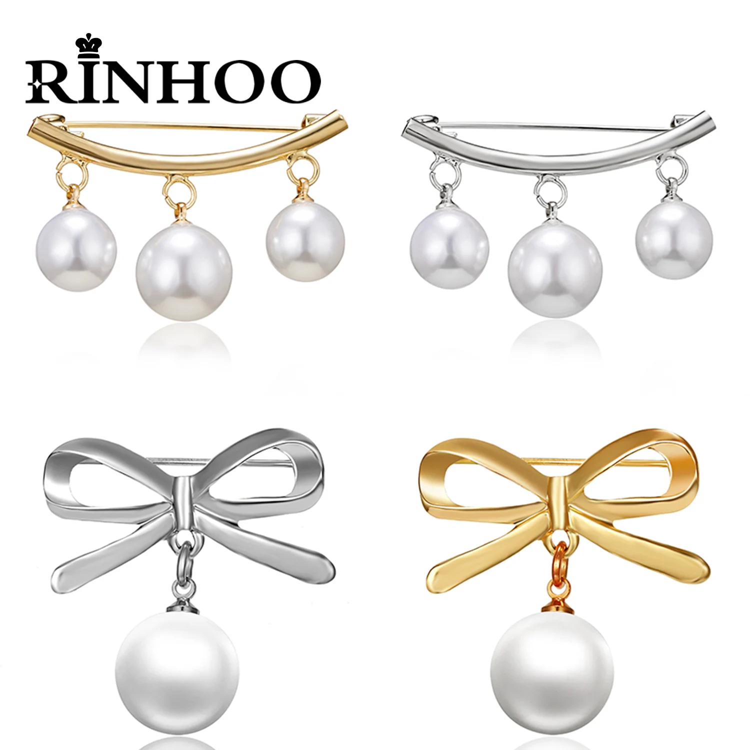 Rinhoo Fashion Imitation Pearls Charm Safety Pins Brooch Fixed Anti Slip Lapel Pin Korean Bowknot Brooch Cardigan Brooch Jewelry