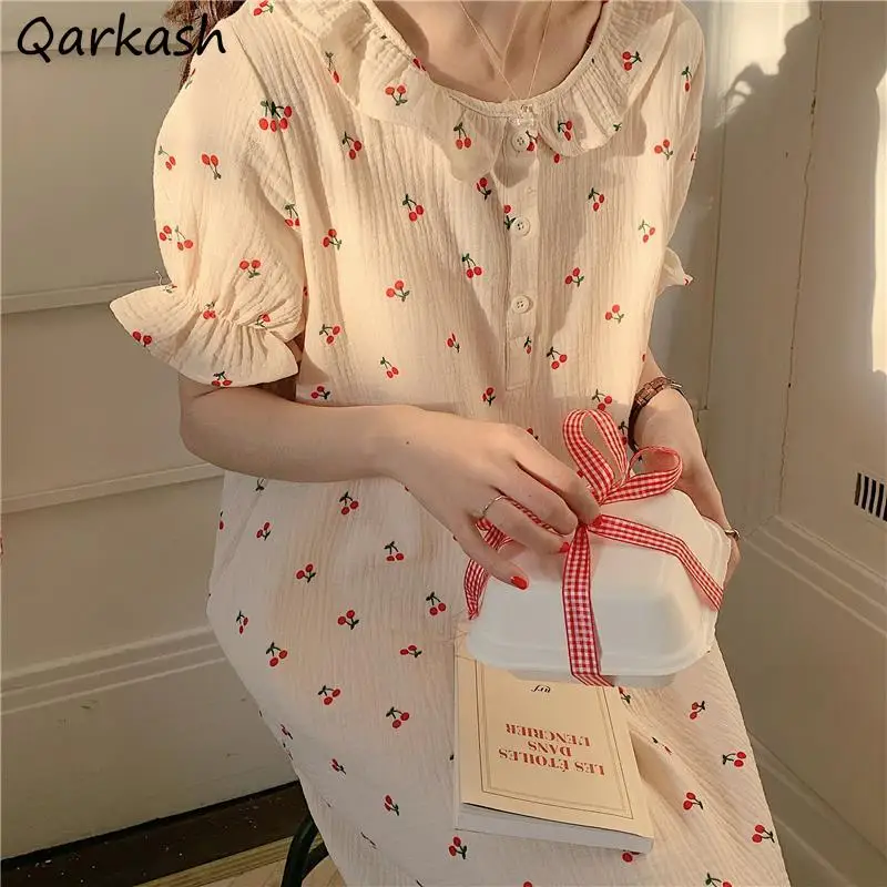 

Nightgowns Women Summer Kawaii Printed Korean Style Sleepwear Casual Cozy Mid-calf Homewear Sweet Girlish Fashion Lovely Ruffles