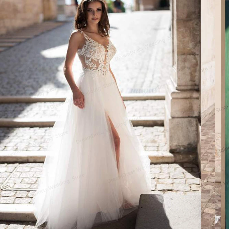 2021 elegante v neck vestidos de casamento novo lado fenda rachado andar comprimento applique aberto para trás uma linha sem costas vestidos de noiva