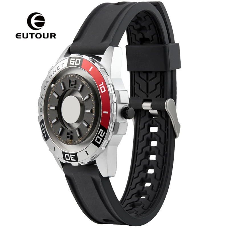 Creative Eutour Watch Men Cool Black Sliver Dial Magnetic Magnet Beads Turntable Rotation Metal Ball Male Watches Rubber Clock