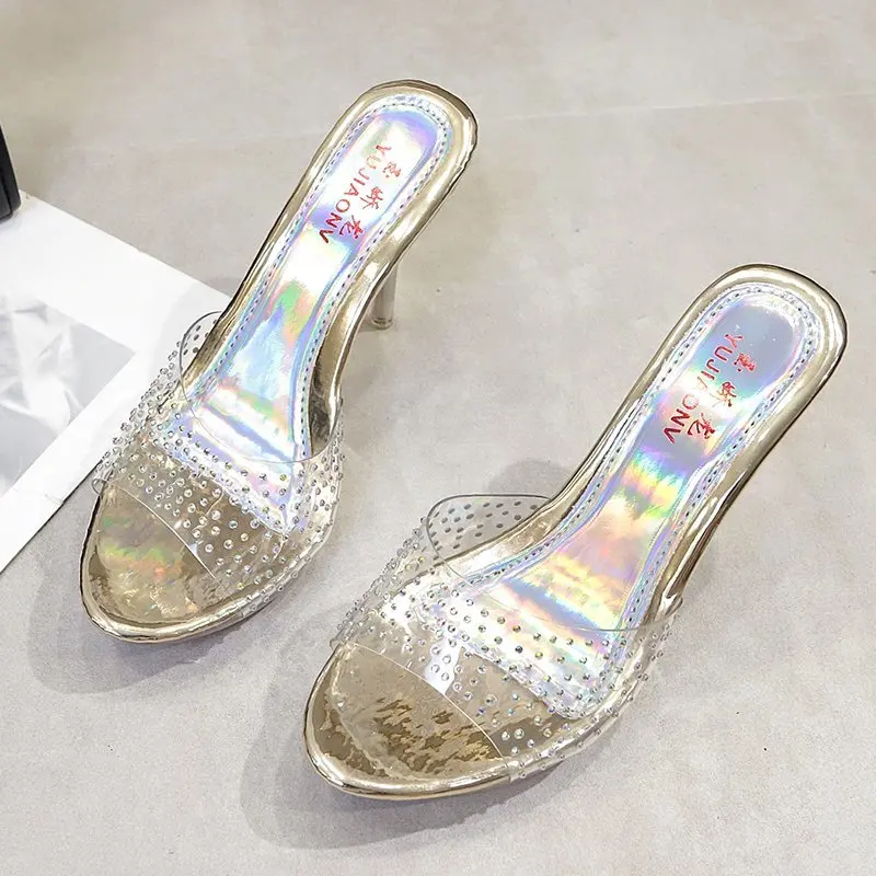 Voesnees Women Shoes Transparent Crystal Slippers Female Sandals 9cm Sexy High Heel Women Shoes Outdoor Home Fish Mouth Slide