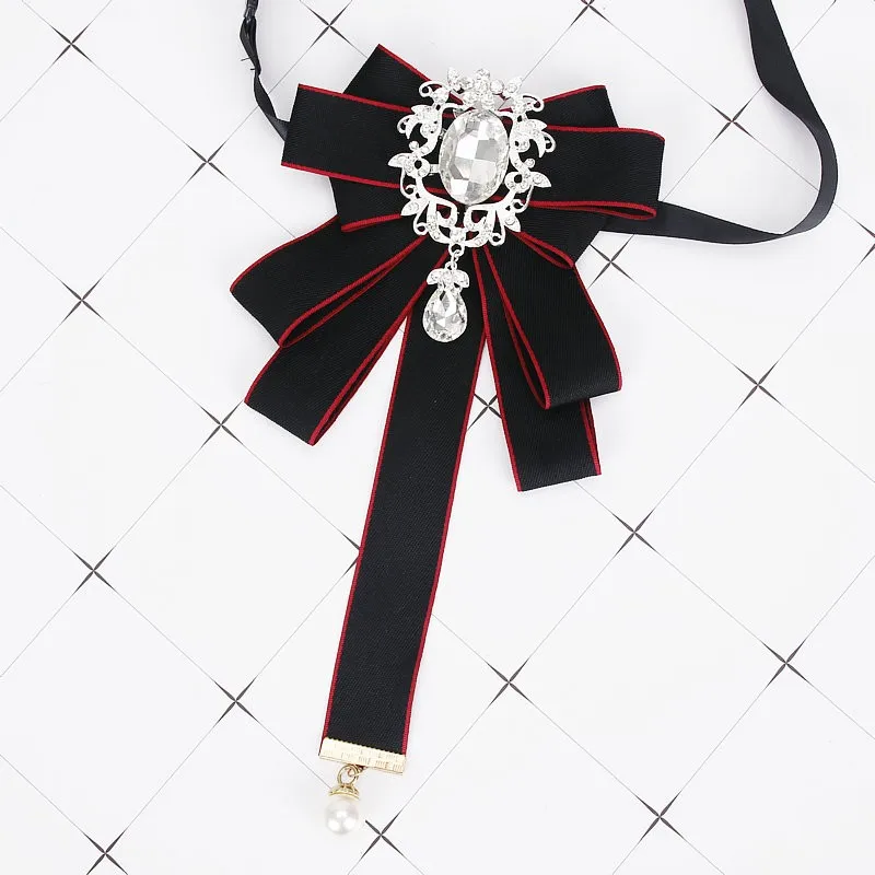Gorgeous Bow Tie Vintage Luxury Lady Head Diamond Pearl Ribbon Tassel Brooch Chic Girls Elegant Costume Jewelry Collar Pin