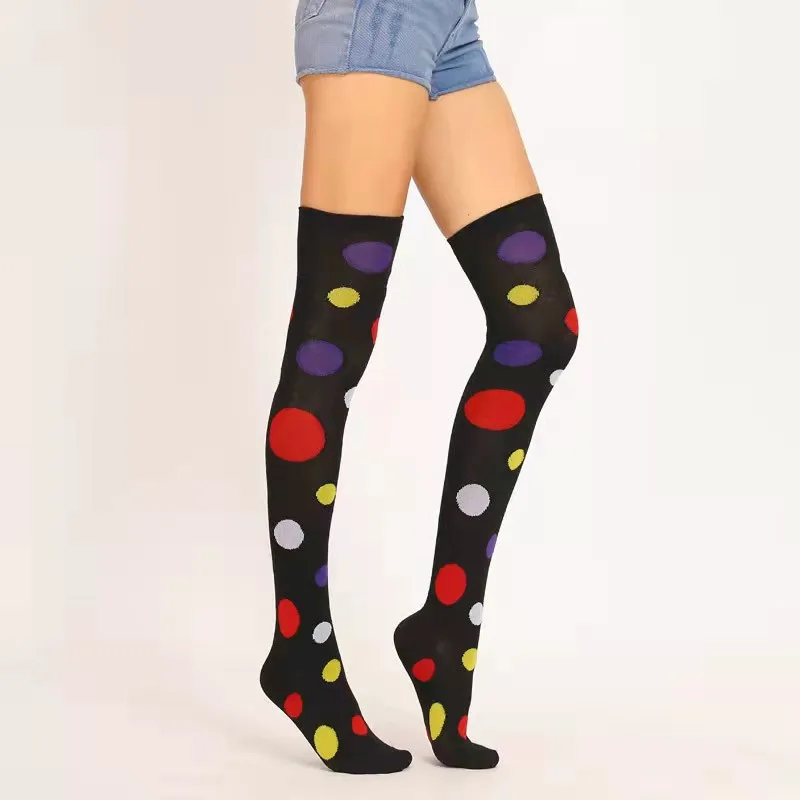 New Women Girls Clown Cosplay Long Socks Fun Colorful Irregular Polka Dot Printed Over Knee Girl's Thigh High Stockings