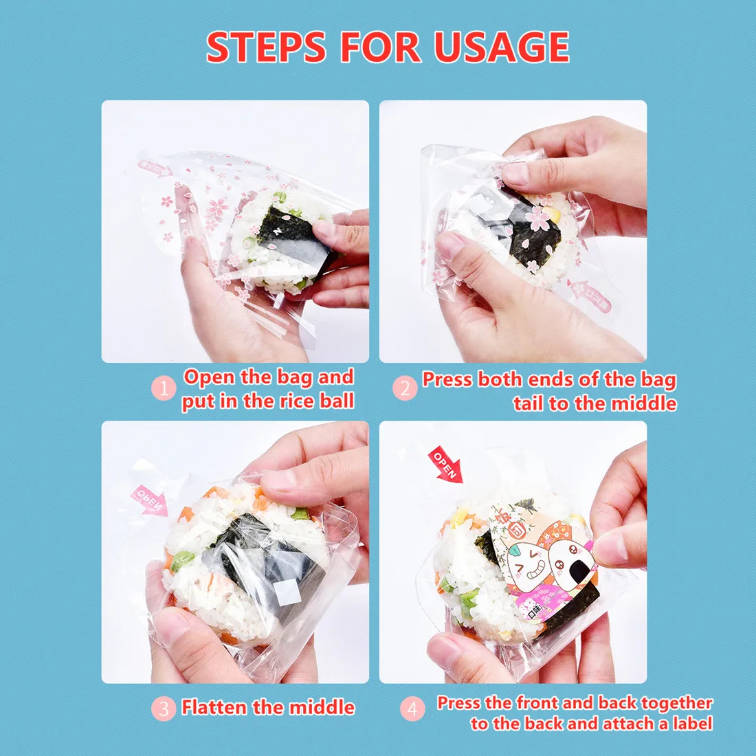 Aesumta Food Grade Ronde Vorm Onigiri Wrappers Met 100 Stuks Wegwerp Gemakkelijk Scheuren Zakken En 100 Stuks Stickers, Microwaveable