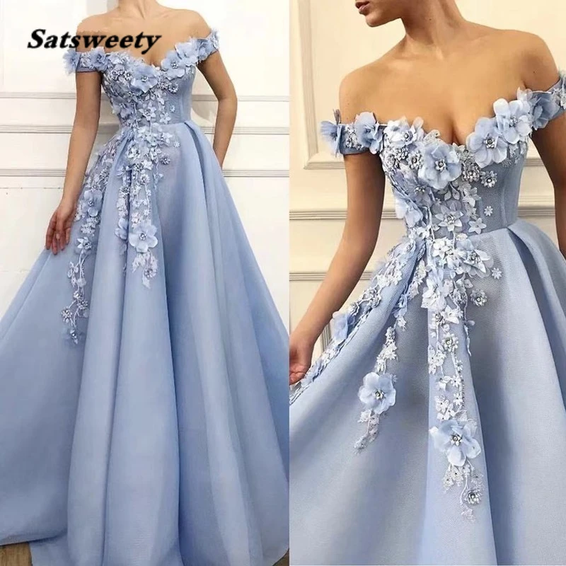 Lichtblauw Off Shoulder Tulle Prom Dresses Vrouwen Formele Party Night Lange Vestidos De Gala Appliqus Bloemen Elegante Avondjurken