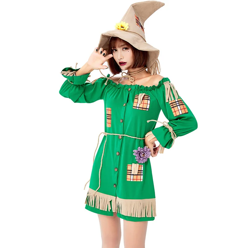 Green Women Halloween Scarecrow Costumes Female Farmer Beggar Cosplay Carnival Purim Parade Nightclub Bar Role Play Party Dress