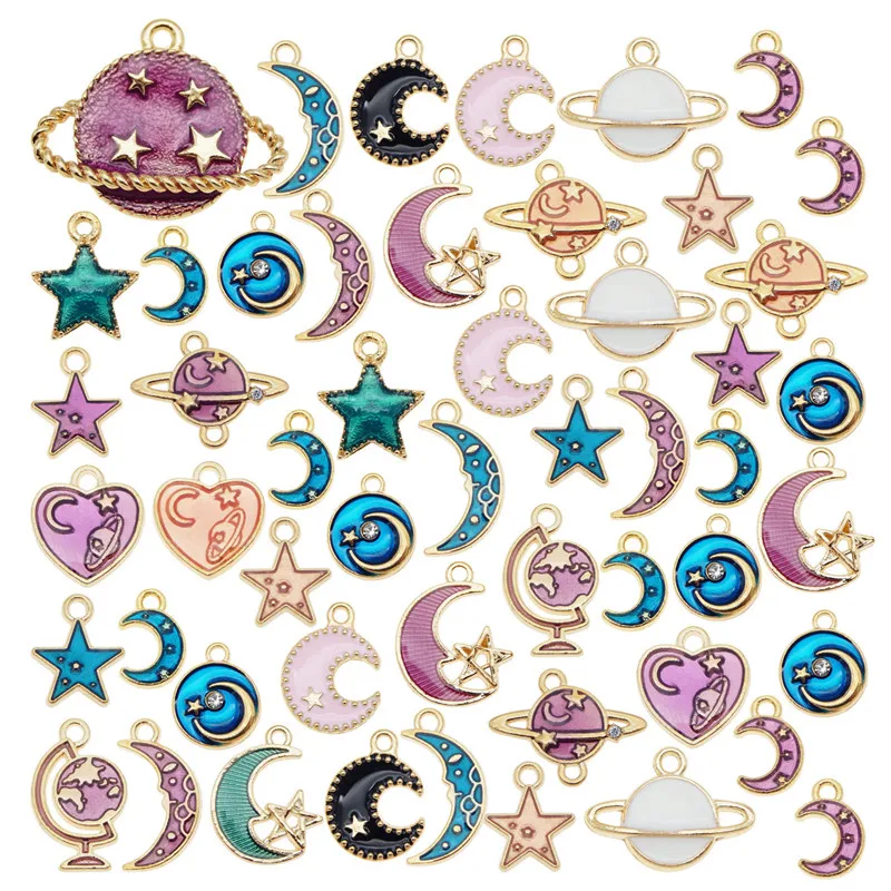 Julie Wang 20PCS Enamel Charms Mixed Planet Star Crescent Moon Zinc Alloy Pendant Bracelet Jewelry Making Accessory