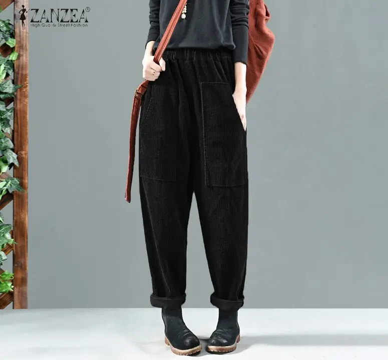 Women Corduroy Pants Autumn Elastic Waist Solid Long Trousers ZANZEA Vintage Corduroy Harem Pants Loose Turnip Pantalon Casual