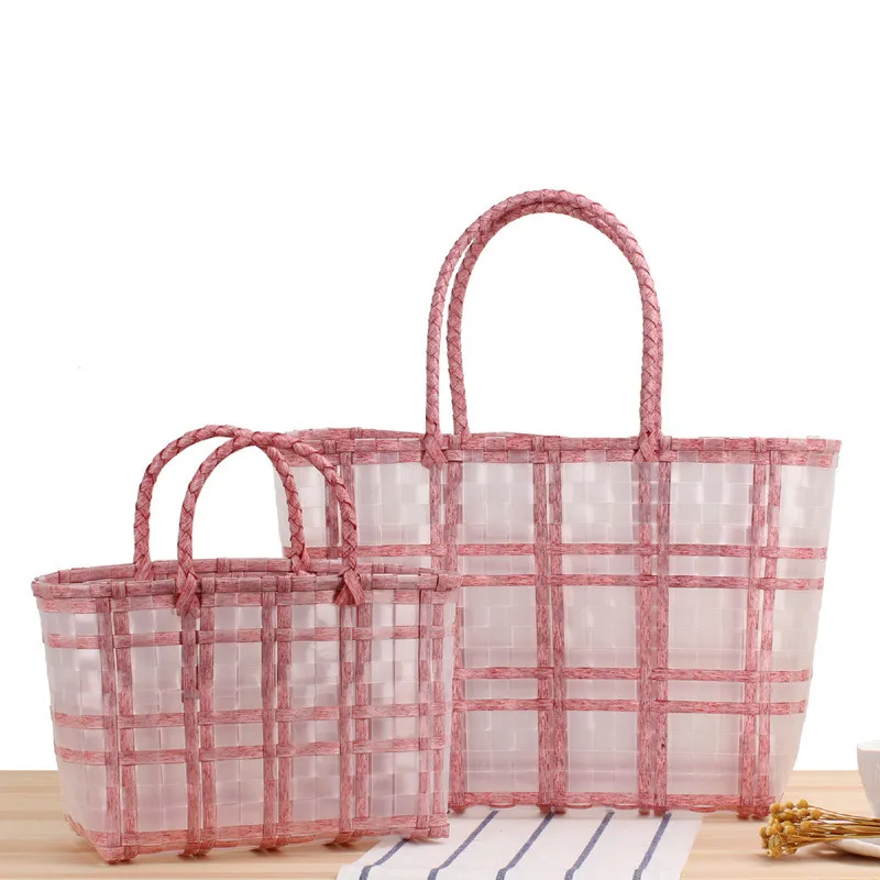 2022 Fashion PVC Handbag For Women Handwoven Check Vegetable Basket Bag Female Casual Tote Plastic Transparent Jelly Beach Bag