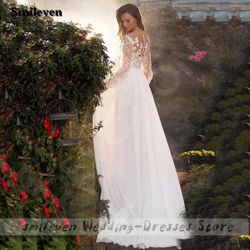 Smileven Lace Boho Trouwjurken Lange Puff Mouwen Elegant Lace Bridal Jurken Vestido De Noiva Applicaties Chiffon Bruidsjurken