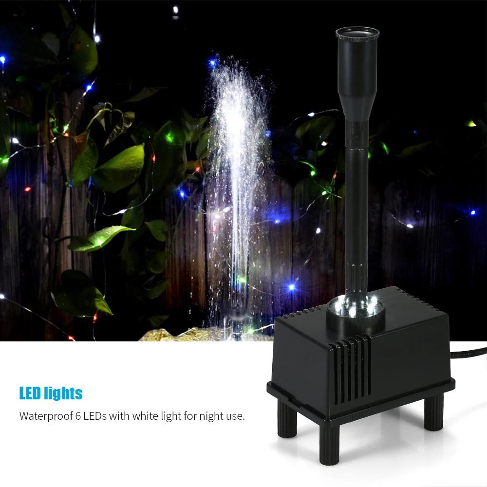 10W Submersible Water Pump with LED Light for Aquarium Fish Tank Pond Garden Bird Bath Fountain 600L/H AC 110V