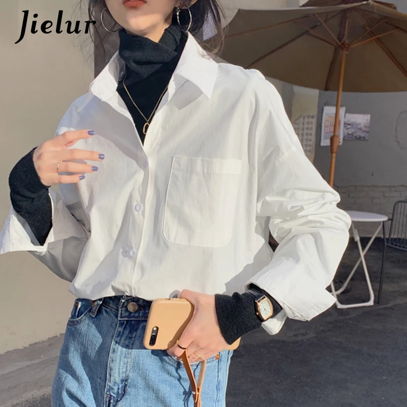 Jielur Fashion Tops Women\'s Shirt Chic Turn-down Collar Shirt Long Sleeve Yellow White Pink Blue Blouse Hipster Korean Spring