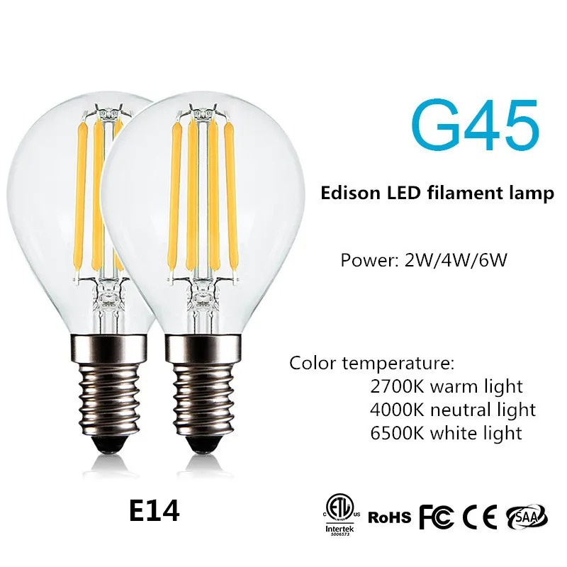 Ampoule LED à Filament, Boule de Verre, Lampe Edison Antique Rétro Vintage, E14 G45 AC 220V 2W 4W 6W 8W