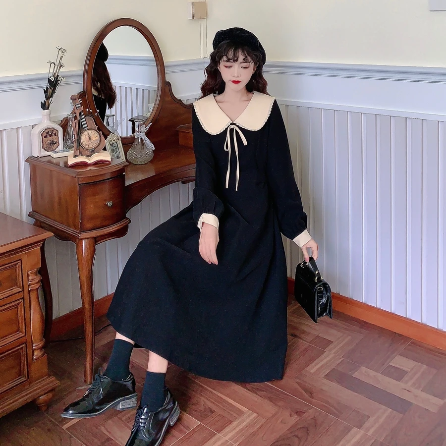 

Korean Style School Black Dress Sweet Japanese Harajuku Kawaii Cute Peter Pan Collar Dresses 2023 Autumn Winter New