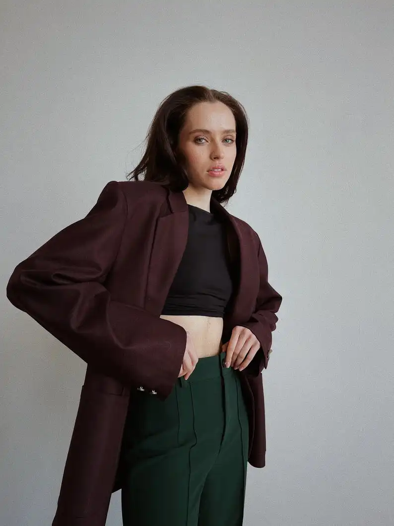 Vintage Burgundy kobiety marynarka elegancka moda dwa guziki proste klapy kurtka 1 sztuka Casual codzienny płaszcz na zamówienie