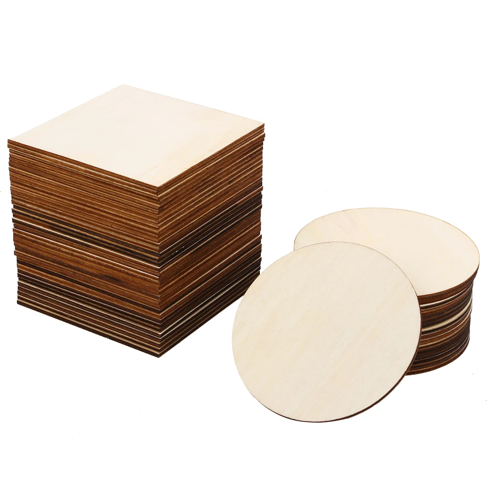 36pcs 10cm Blank Wood Pieces Squares Round Wooden Slices for DIY Art Crafts Painting Laser Engraving Carving Coaster